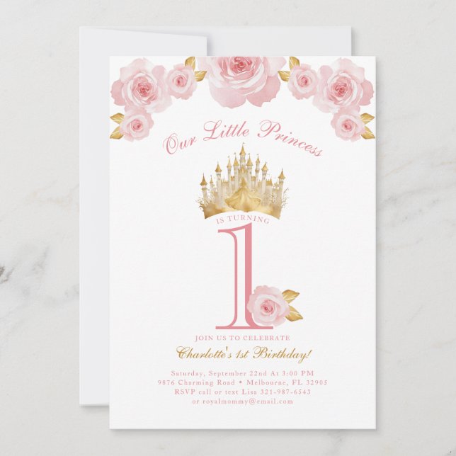 Princesse rose et or 1er anniversaire Invitation (Devant)