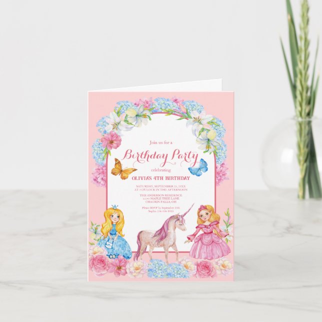 Princesses and a Unicorn Birthday Invitation (Front)