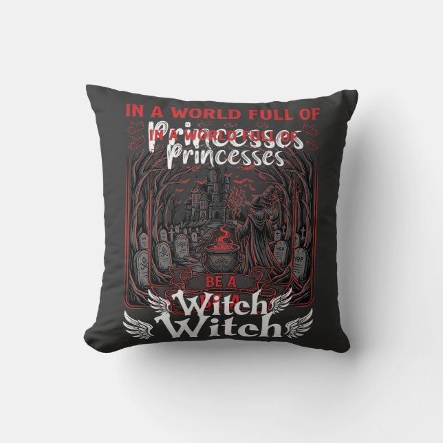 Princesses Be Witch Halloween Castle Cauldron Grav Throw Pillow (Front)