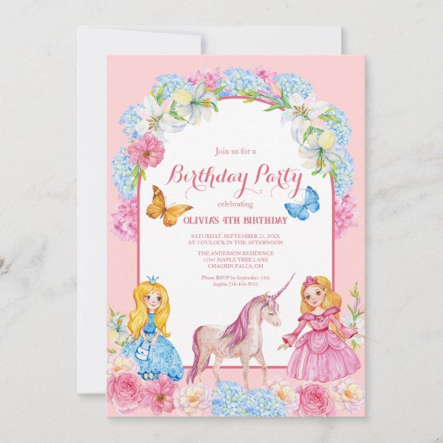 Princesses et une licorne Invitation d'anniversair (Devant)