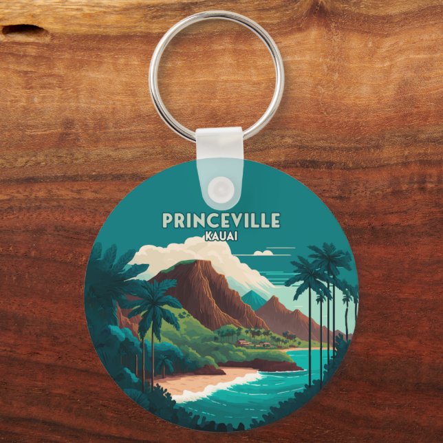 Princeville Kauai Hawaii Beach Mountains Retro Keychain (Front)