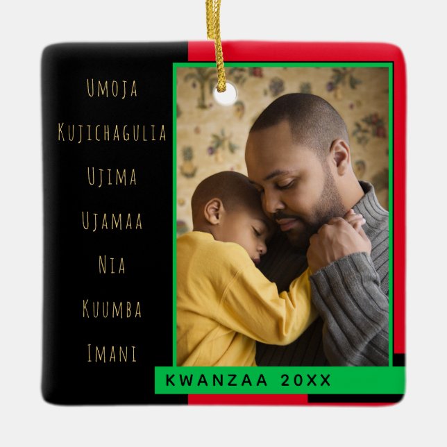 Principles Red Black Green Photo Kwanzaa Ceramic Ornament (Front)