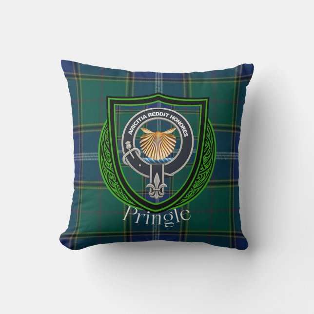 Pringle Scottish Clan Tartan & Crest Throw Pillow (Front)