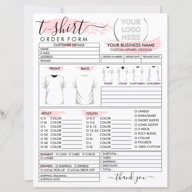 Print Clothing Apparel T-shirt Order Form (Front)