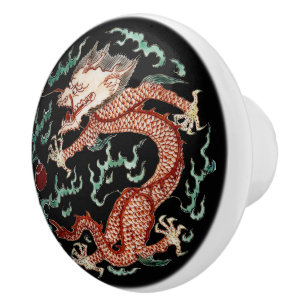 Print of Ancient Chinese Dragon & Flaming Pearl Ceramic Knob