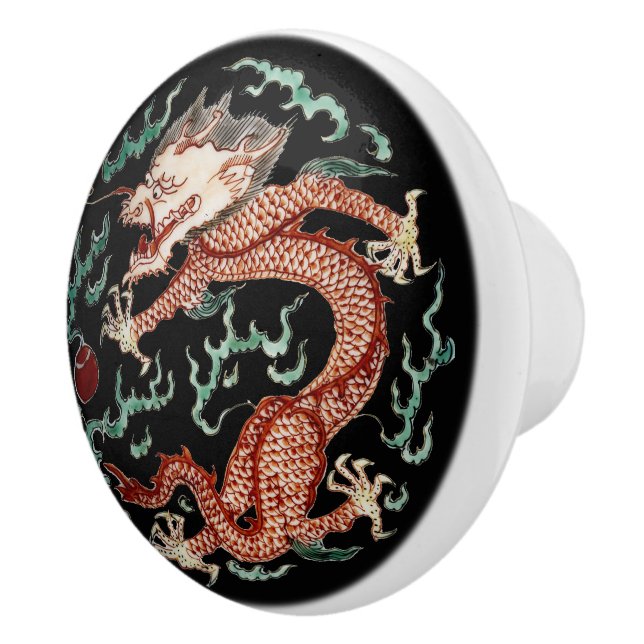 Print of Ancient Chinese Dragon & Flaming Pearl Ceramic Knob (Right)