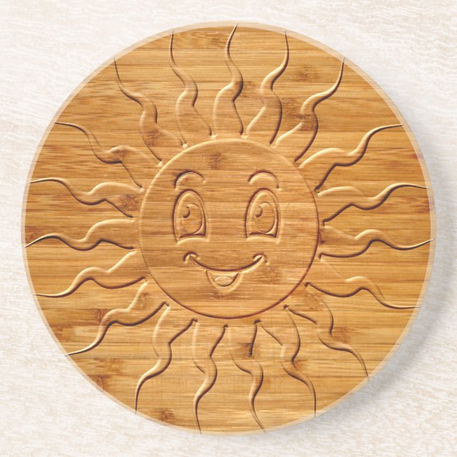 Print Of Smiling Sun Face Carved In Wood Coaster (Front)