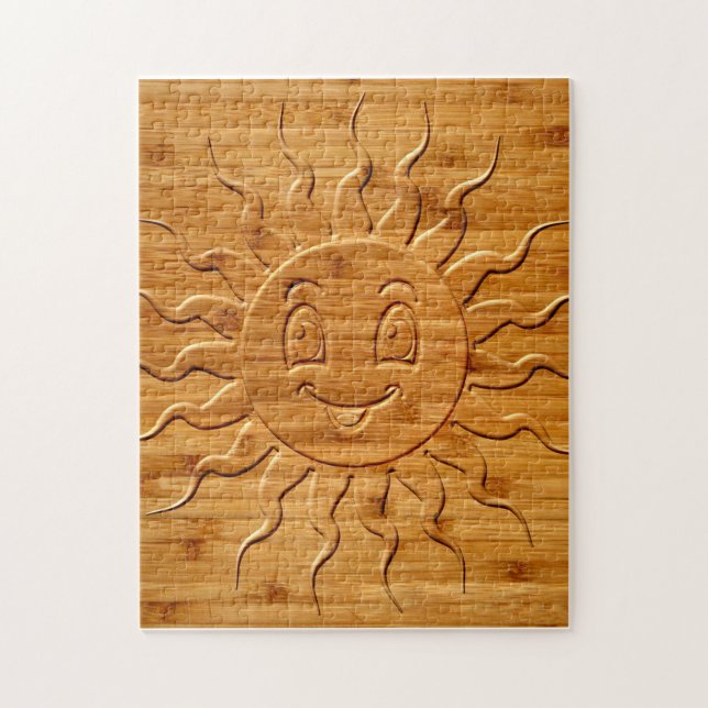 Print Of Smiling Sun Face Carved In Wood Jigsaw Puzzle (Vertical)