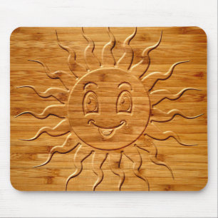 Print Of Smiling Sun Face Carved In Wood Mouse Pad