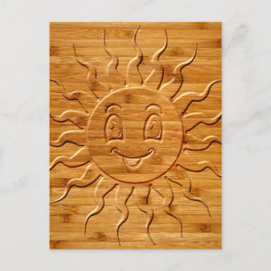 Print Of Smiling Sun Face Carved In Wood Postcard