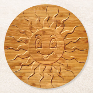 Print Of Smiling Sun Face Carved In Wood Round Paper Coaster