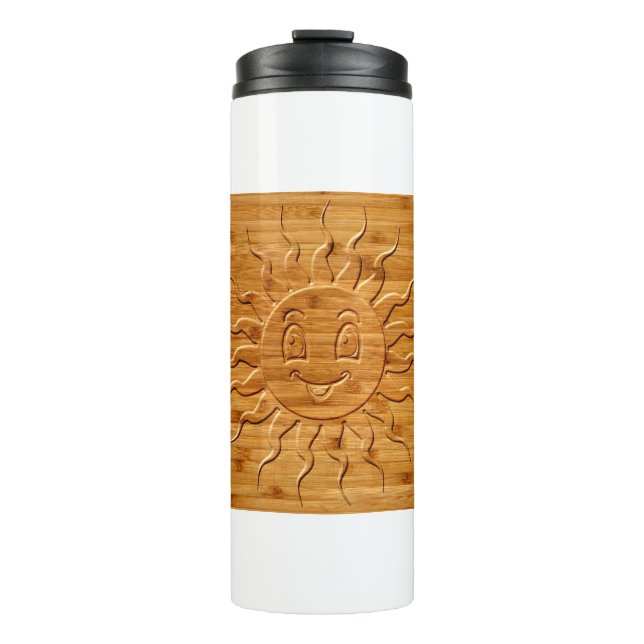 Print Of Smiling Sun Face Carved In Wood Thermal Tumbler (Front)