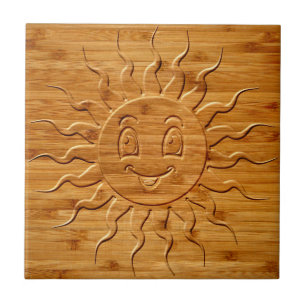 Print Of Smiling Sun Face Carved In Wood Tile