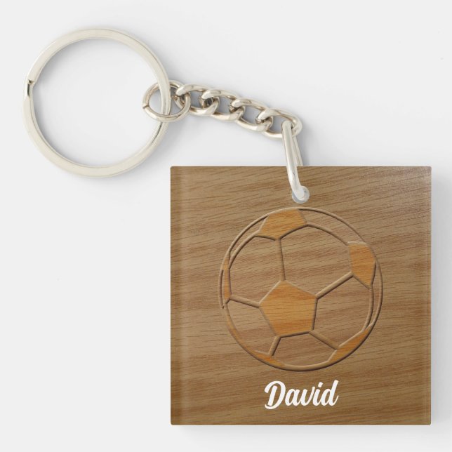 Print Of Soccer Ball Carved In Wood Custom Name Keychain (Front)