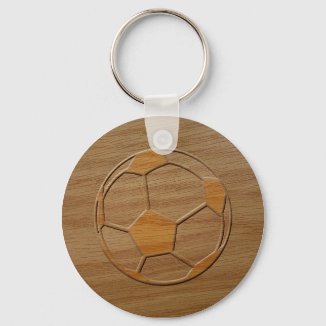 Print Of Soccer Ball Carved In Wood Keychain (Front)