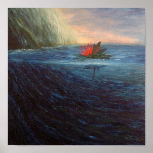 Print: Pohutukawa Red Flower in the blue Sea Poster (Front)