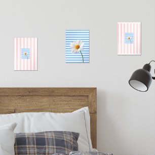 Print Set Blue Pink White Stripe Floral Daisy