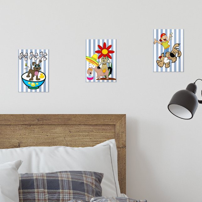 Print Set  Blue & White Stripe Dog  (Chambre à coucher)