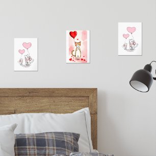 Print Set Cat Red & Pink Hearts