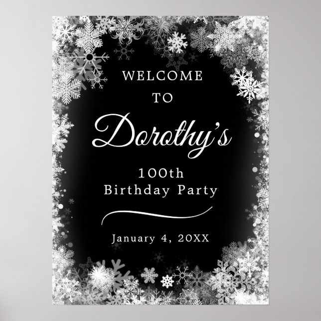 Printable 100th Birthday Snowflake Black Welcome Poster (Front)