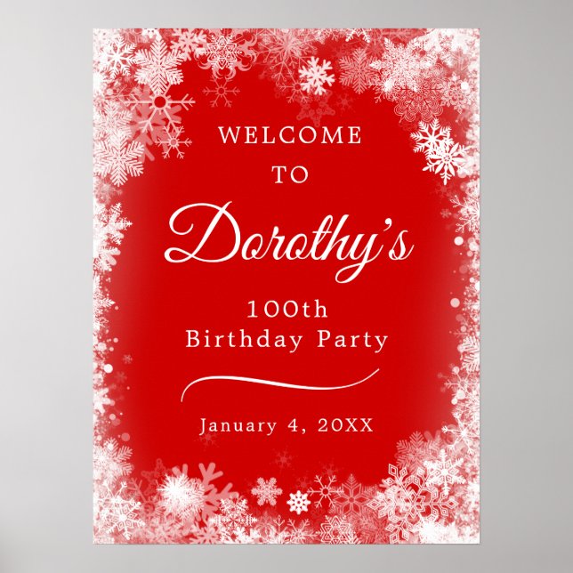 Printable 100th Birthday Snowflake Red Welcome Poster (Front)
