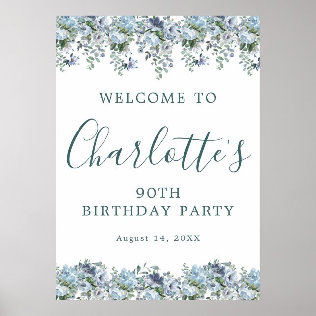Printable 90th Birthday Blue Floral Welcome Poster (Front)
