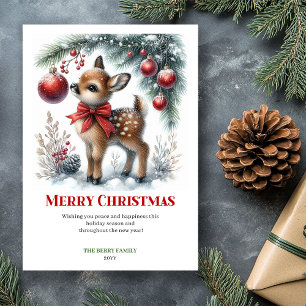 Printable Baby Fawn Christmas Scene Watercolor  Holiday Card