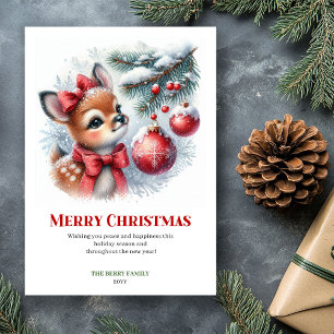 Printable Baby Fawn Christmas Scene Watercolor  Holiday Card