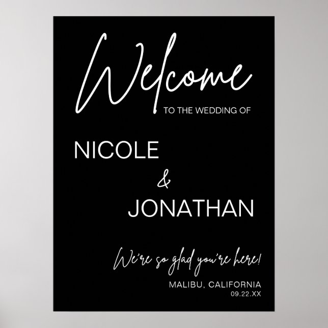 Printable Black Modern Wedding Welcome Sign (Front)