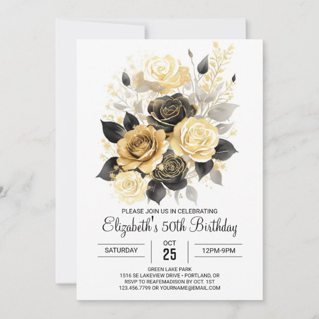 Printable Bloom Gold and Black 50th Birthday Invitation (Front)
