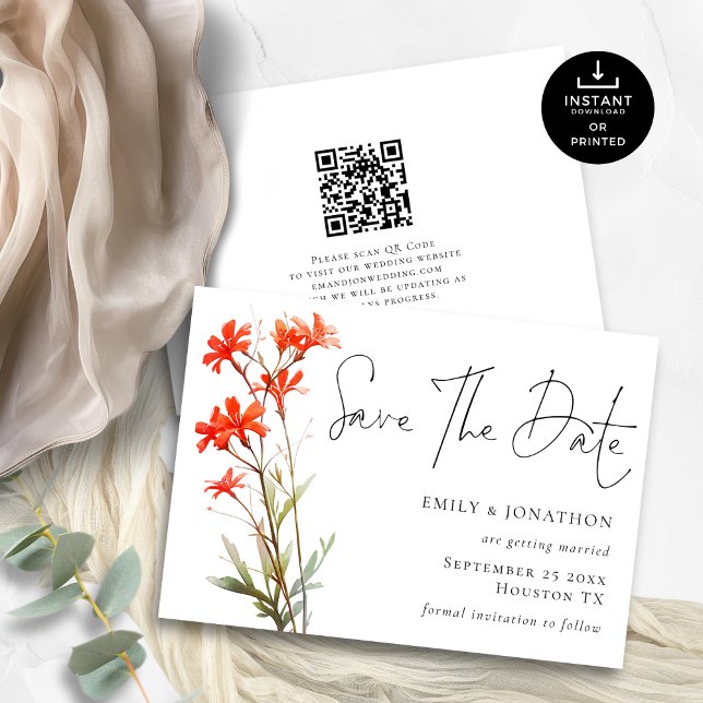 Printable Boho Red Wildflowers QR Code Script Save The Date (Creator Uploaded)