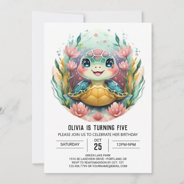 Printable Boho Turtle Girl Birthday Invitation (Front)