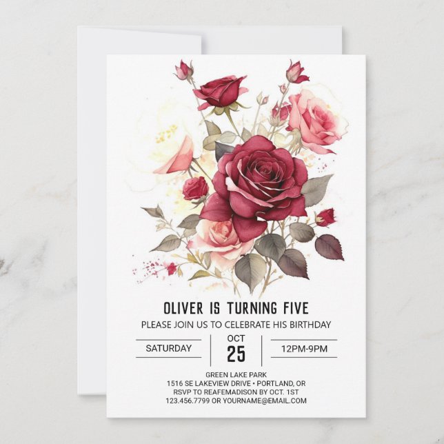 Printable Custom Burgundy Floral Birthday Invitation (Front)