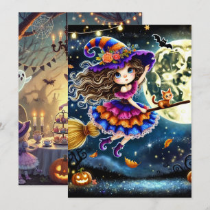 Printable Cute Whimsical Flying Witch Halloween Invitation