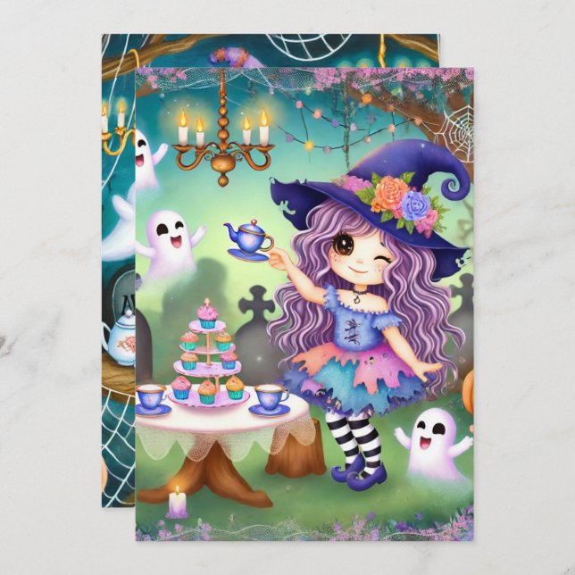 Printable Cute Whimsical Witch Halloween Tea Party Invitation (Front/Back)