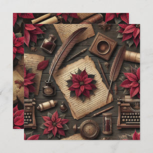 Printable Dark Academia Poinsettia Desk Scrapbook Invitation