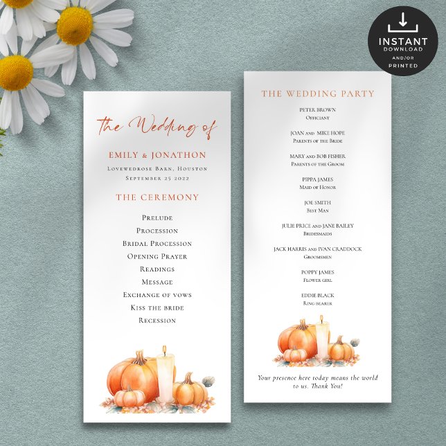 Printable Fall Pumpkins Candle Wedding Program (Front and back view)