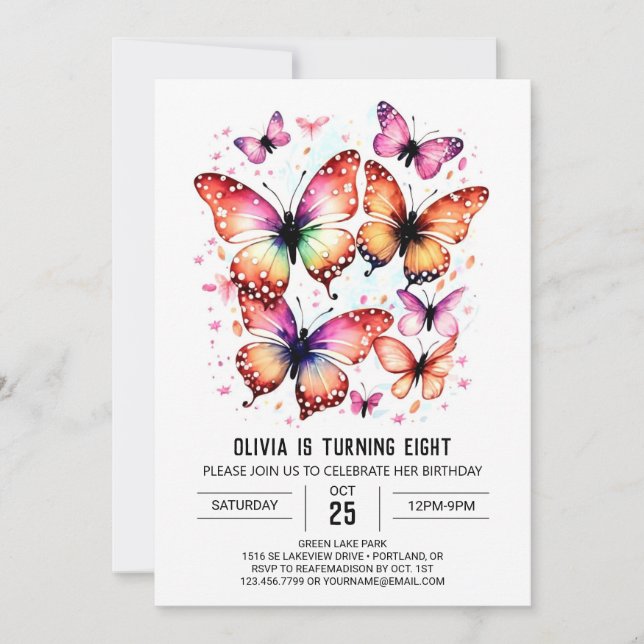 Printable Girly Butterfly Girl Birthday Invitation (Front)