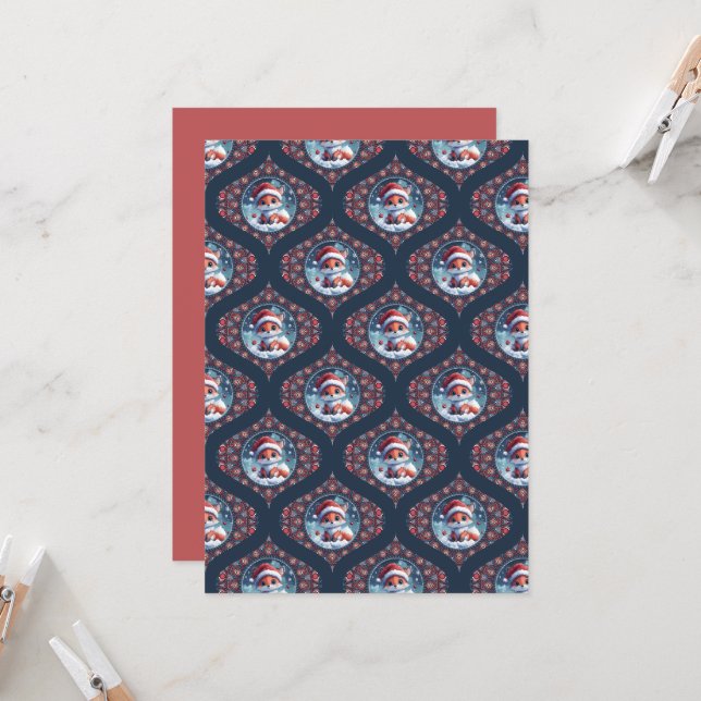 Printable Kawaii Christmas Fox Mandala Ogee Damask Invitation (Front/Back In Situ)