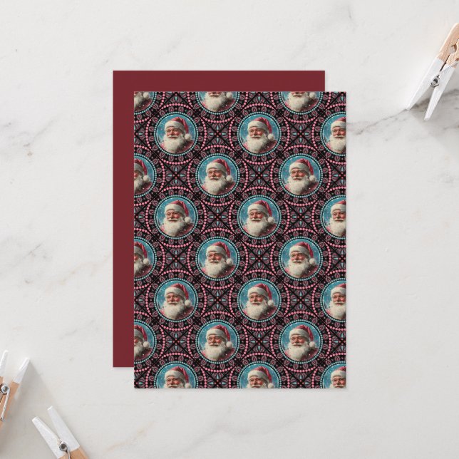 Printable Pink and Teal Retro Santa Mandala Tile Invitation (Front/Back In Situ)