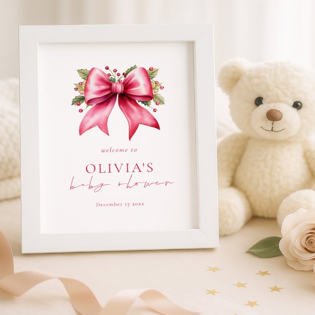 Printable Pink Bow Christmas Welcome Baby Shower Poster (Creator Uploaded)
