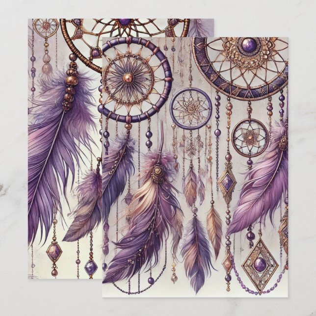 Printable Purple & Gold Boho Dreamcatcher Pattern Invitation (Front/Back)