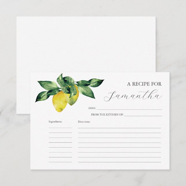 Printable Recipe Cards Watercolor Lemons (Front/Back)