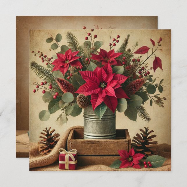 Printable Rustic Vintage Christmas Poinsettia Invitation (Front/Back)