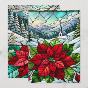 Printable Scenic Winter Poinsettia Stained Glass Invitation