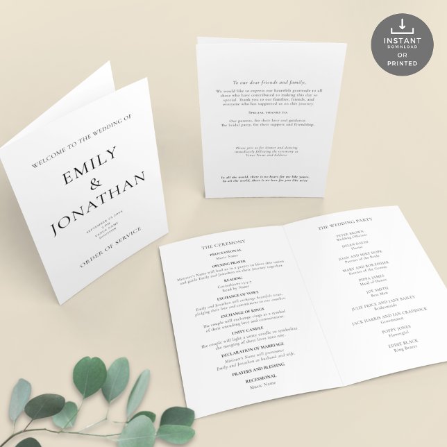 Printable Simple Church Folded Wedding Programme (Views of front and back and inside)