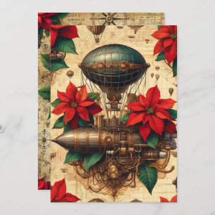 Printable Steampunk Airship with Poinsettia Invitation