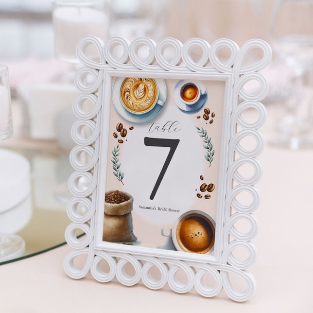 Printable Table Number Illustrated Coffee Theme (Love is brewing bridal shower table numbers unique design by Victoria Grigaliunas)