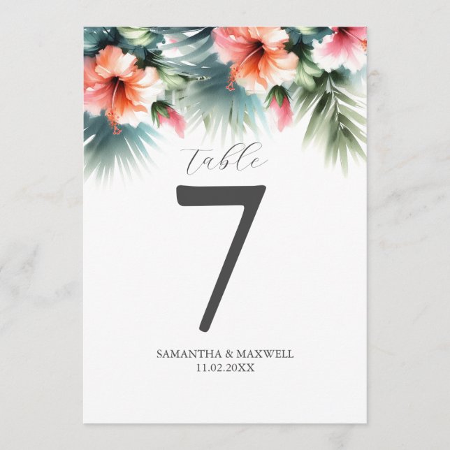 Printable Table Number Watercolor Peach Hibiscus (Front)