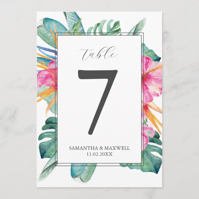 Printable Table Numbers Pink Tropical Florals (Front)